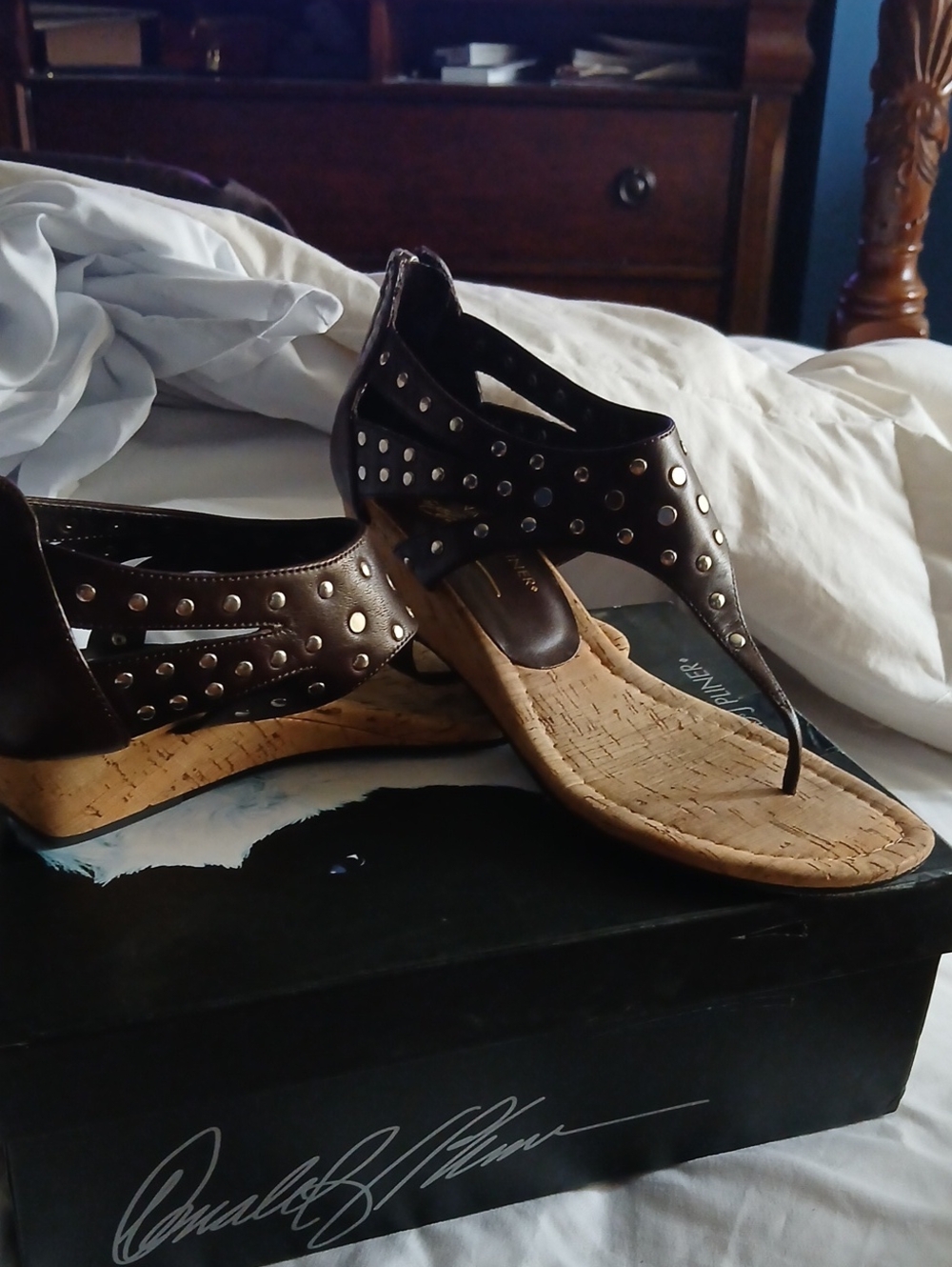 Donald J. Pliner Brown Studded Cork-Style Thong Sandals